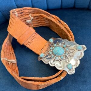 Guess Tan Leather Belt w/ Turquoise Stones & Engraved Silver Buckle – 42”